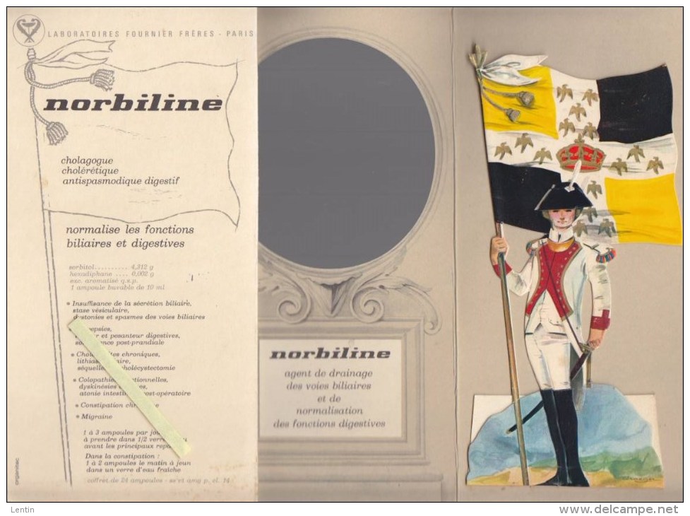 Publicité Pharmaceutique Labo Fournier - Image 3 Dimensions Gaufrage - 8 Etendards Militaires Regiments XVIIè, XVIIIè - Autres & Non Classés