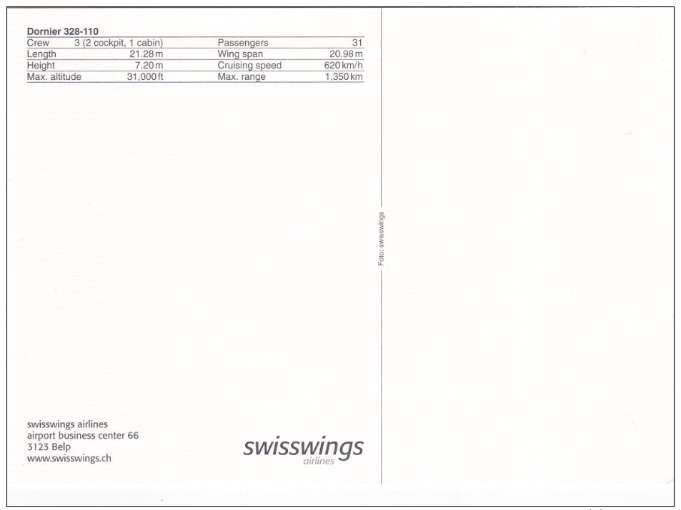 Swisswings Dornier 328-110 Airplane , 70-90s Version-2 - 1946-....: Modern Era