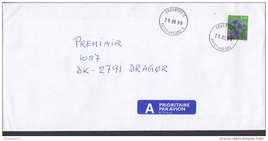 Norway A PRIORITAIRE Par Avion Label VÅGSBYGD Kristiansand 1999 Cover Brief DRAGØR Denmark 5.00 Kr Flower Stamp - Briefe U. Dokumente