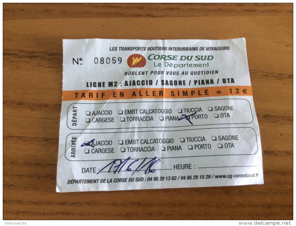 Ticket De Transport (car) "LIGNE M2 AJACCIO SAGONE PIANA OTA" CORSE DU SUD - Europe