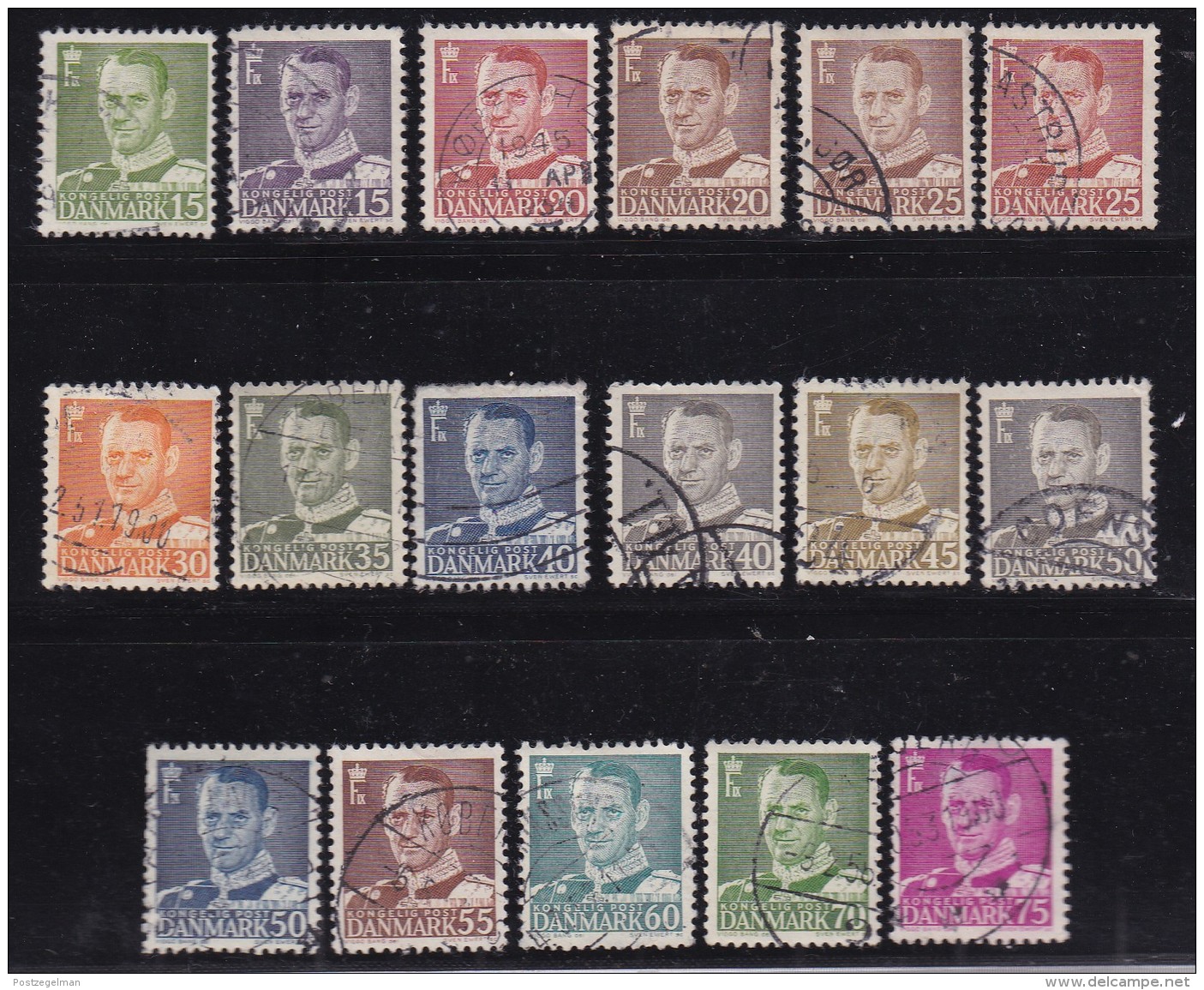 DENMARK, 1948, Used Stamp(s), Frederik IX,  Mi 302-318, #10058, 17 Values - Used Stamps