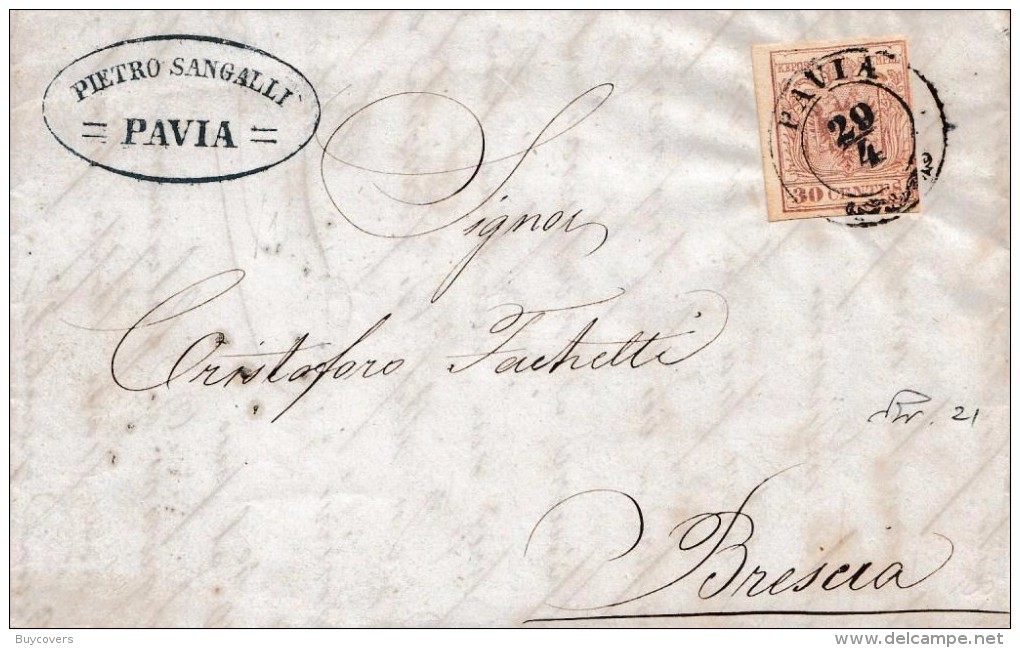 LV151- LOMBARDO VENETO - Lettera Del  29 Aprile 1856 Da PAVIA A Brescia  Con 30 Cent .bruno 2° Tipo. Leggi ... - Lombardije-Venetië