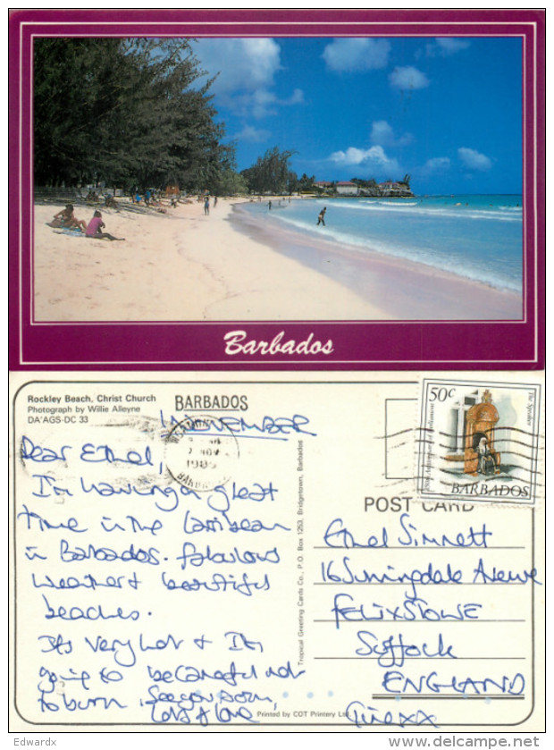 Rockley Beach, Barbados Postcard Posted 1989 Stamp - Barbados