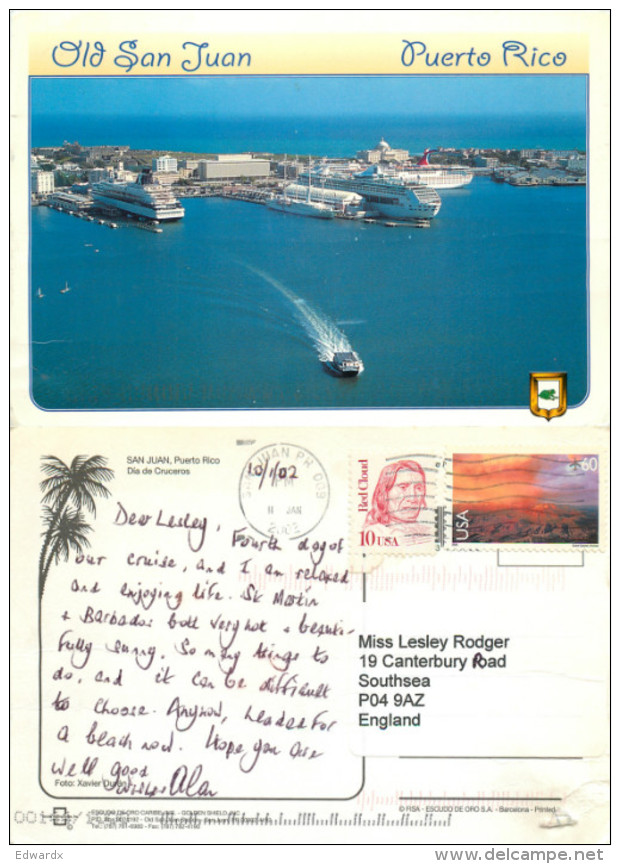 Cruise Liner Ships, San Juan, Puerto Rico Postcard Posted 2002 Stamp - Puerto Rico