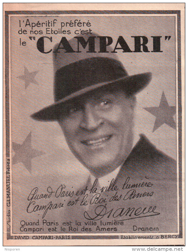 Publicité  1927 - L´apéritif Préféré De Nos étoiles C´est Le Campari David Campari Paris - Dranem - Advertising