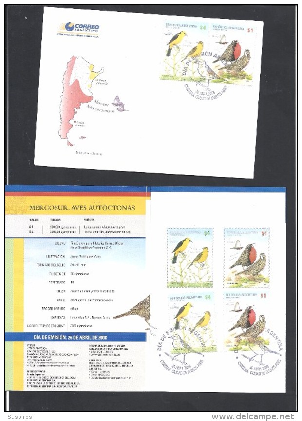 ARGENTINA MERCOSUR 2008 BIRDS FROM ARGENTINA MINT FIRS ISSUE FDC - Sparrows