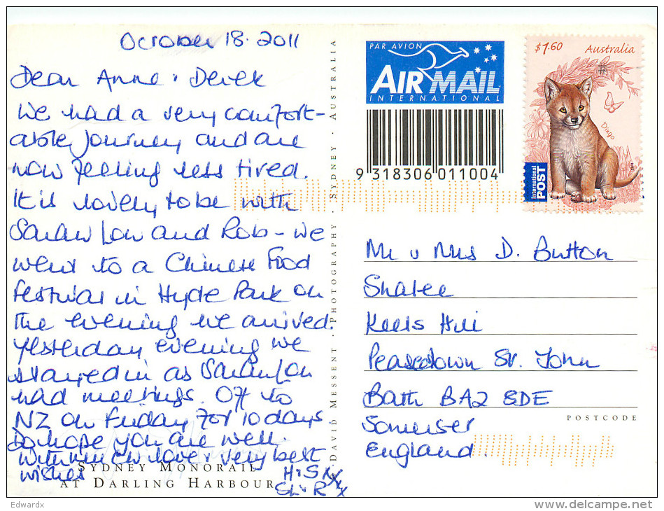 Darling Harbour, Sydney, NSW, Australia Postcard Posted 2011 Stamp - Sydney