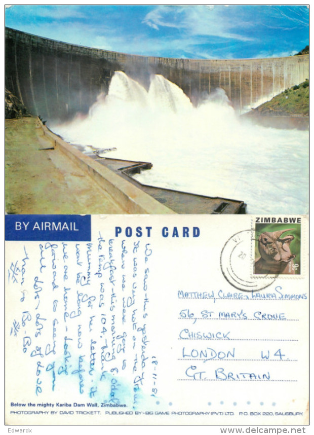 Kariba Dam Wall, Zimbabwe Postcard Posted 1981 Stamp - Zimbabwe