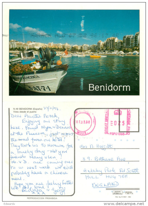 Benidorm, Spain Postcard Posted 1996 Private Post Via UK - Alicante