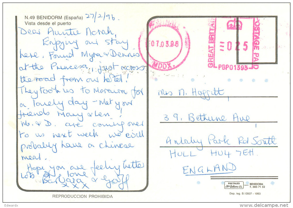 Benidorm, Spain Postcard Posted 1996 Private Post Via UK - Alicante