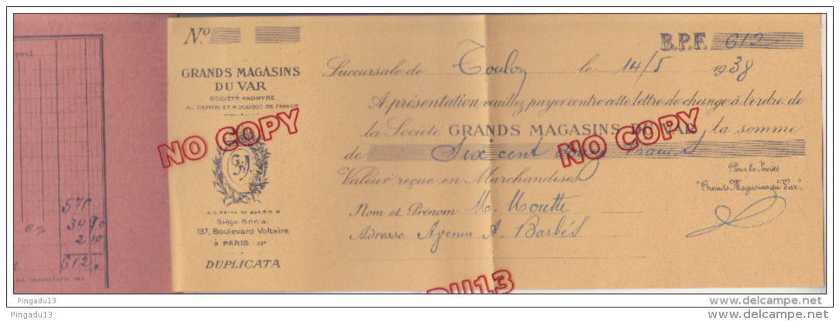 Fixe Timbre Fiscal Sur Traite Grands Magasins Du Var Succursale Toulon 9-11 Bd Strasbourg 14 Mai 1938 - Autres & Non Classés