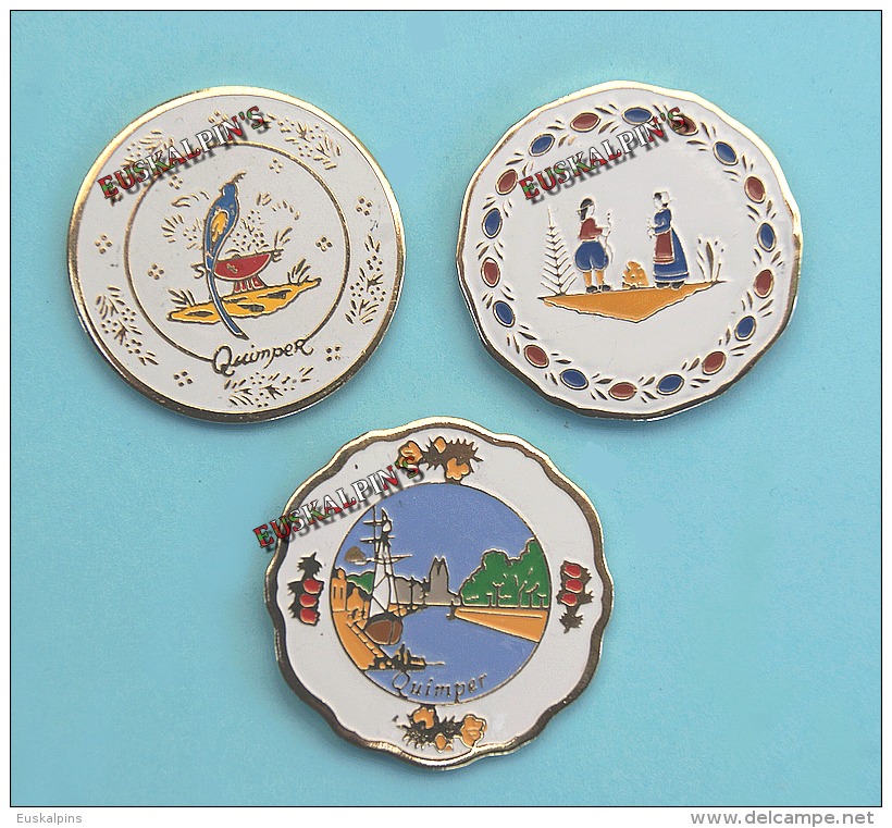 Lot 3 Pin´s QUIMPER, HENRIOT, Faience, Bretagne, Frais De Port France 1,35 € - Cities