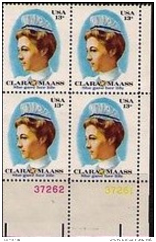 Corner Block -1976 USA Clara Maass Stamp Sc#1699 Health Medicine Nurse Famous Martial Spanish-American War - Medicine