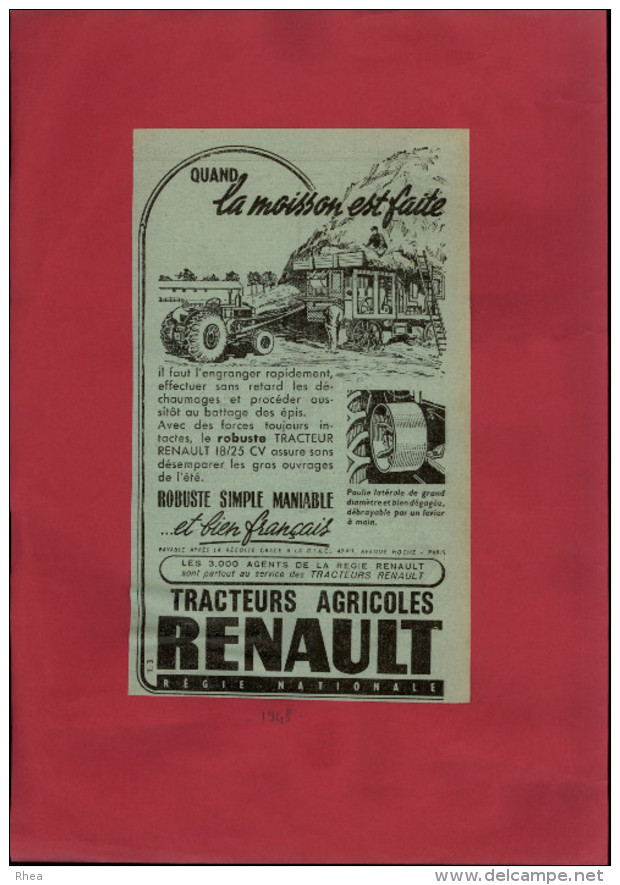 PUBLICITES -TRACTEURS RENAULT - 2 Publicités Issues D´une Revue De 1948 Collées Sur Feuille A 4 - Agriculture - Material Und Zubehör