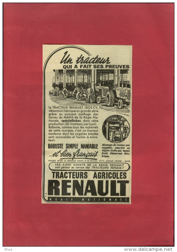 PUBLICITES -TRACTEURS RENAULT - 2 Publicités Issues D´une Revue De 1948 Collées Sur Feuille A 4 - Agriculture - Supplies And Equipment