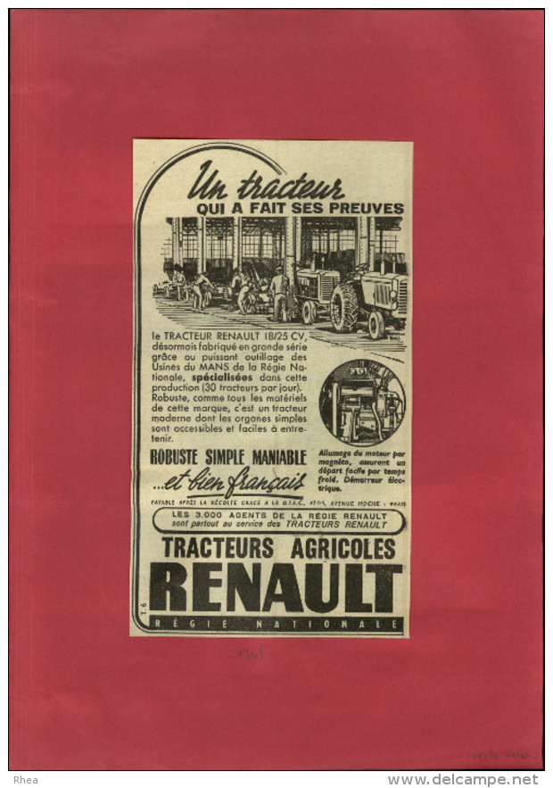 PUBLICITES -TRACTEURS RENAULT - 2 Publicités Issues D´une Revue De 1948 Collées Sur Feuille A 4 - Agriculture - Matériel Et Accessoires