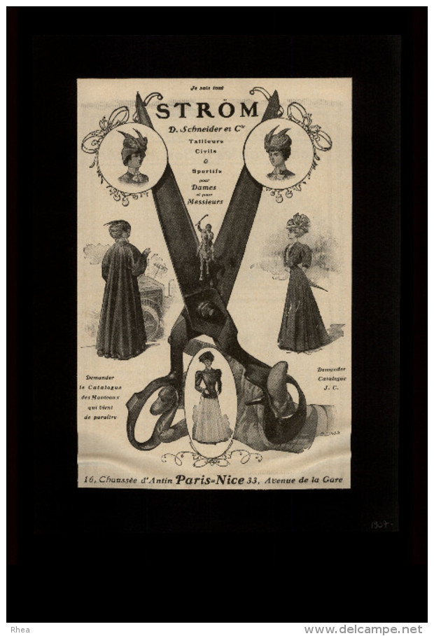 PUBLICITES - STROM Tailleurs - CISEAUX - Publicité Issue D´une Revue De 1907 Collée Sur Feuille Noire - Advertising