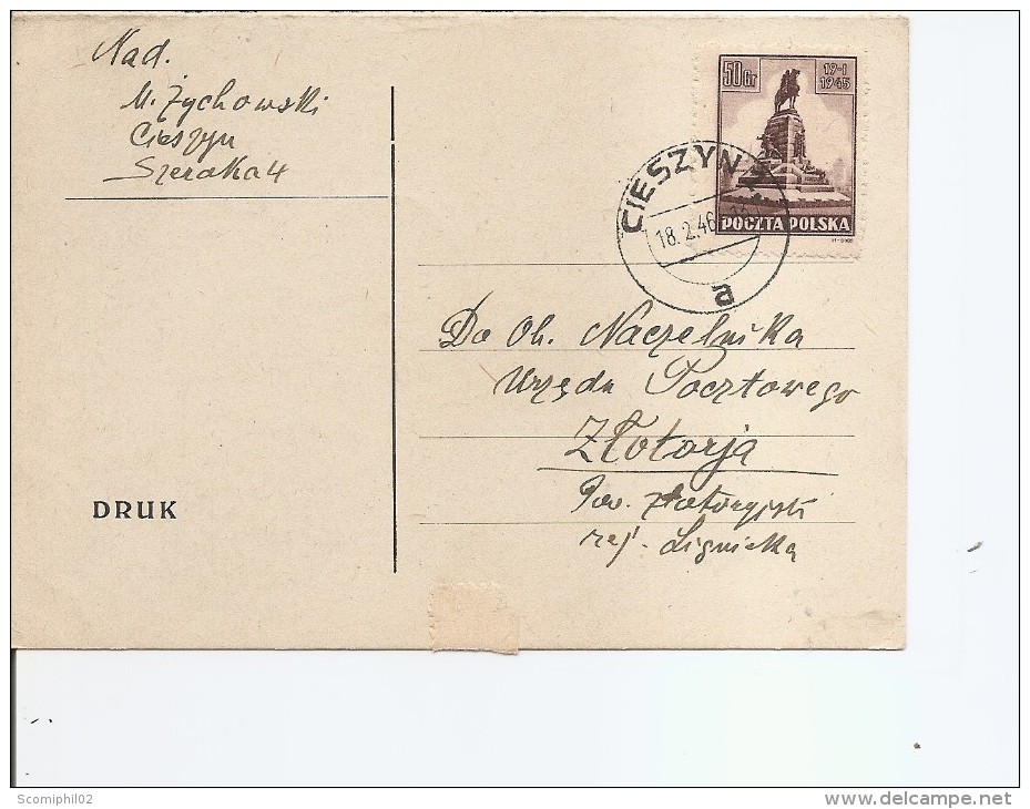 Pologne ( Carte Postale De 1946 De Cieszyn  Vers L'intérieur à Voir) - Briefe U. Dokumente
