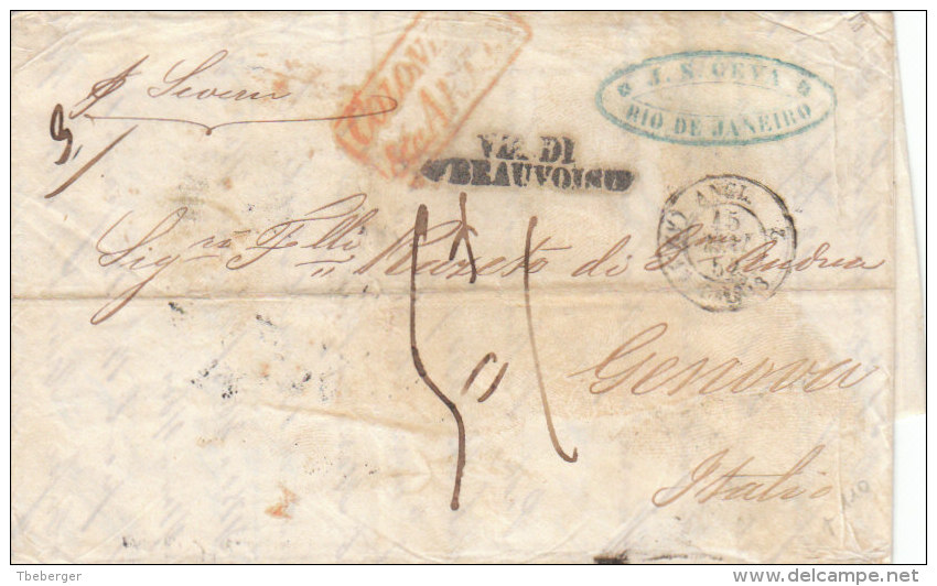 Brasil France Italy Cover Entire 1852 RIO JANEIRO ´COLONIES ART & Cc ART 13´ LONDON CALAIS BEAUVOISIN To GENOVA (p110) - 1849-1876: Periodo Classico