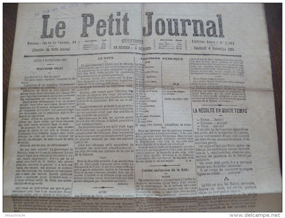 Journal Guerre De 1870 Le Petit Journal 4/11/1870 Siège De Paris,votes - 1850 - 1899