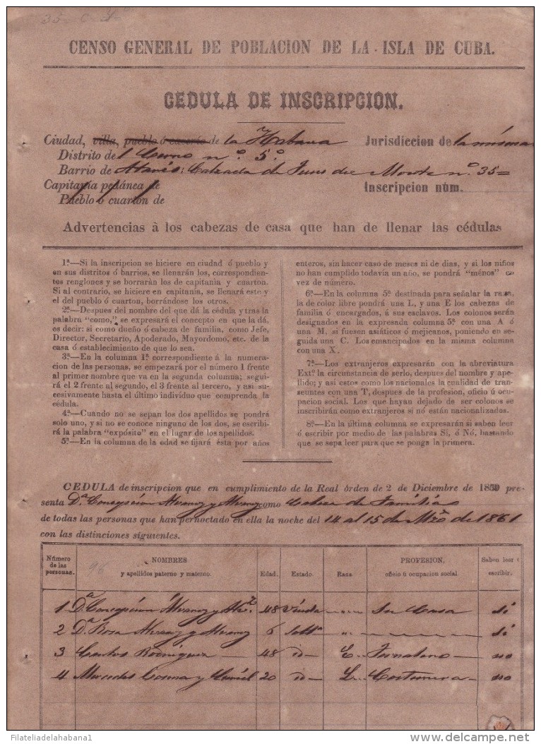 E4267 CUBA SPAIN ESPAÑA. 1861. PADRON DE INSCRIPCION. CENSO POBLACION POPULATION CENSUS PADRON - Documenti Storici