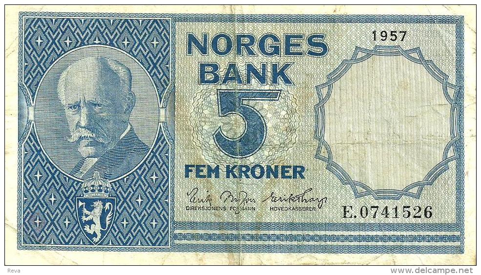 NORWAY 5 KRONER BLUE MOTIF FRONT & LANDSCAPE SHIP BACK DATED 1957 P30a AVF SIG.BROFFOS-THORP READ DESCRIPTION !! - Norway