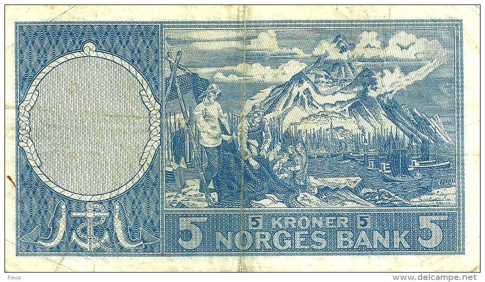 NORWAY 5 KRONER BLUE MOTIF FRONT & LANDSCAPE SHIP BACK DATED 1957 P30a AVF SIG.BROFFOS-THORP READ DESCRIPTION !! - Norway