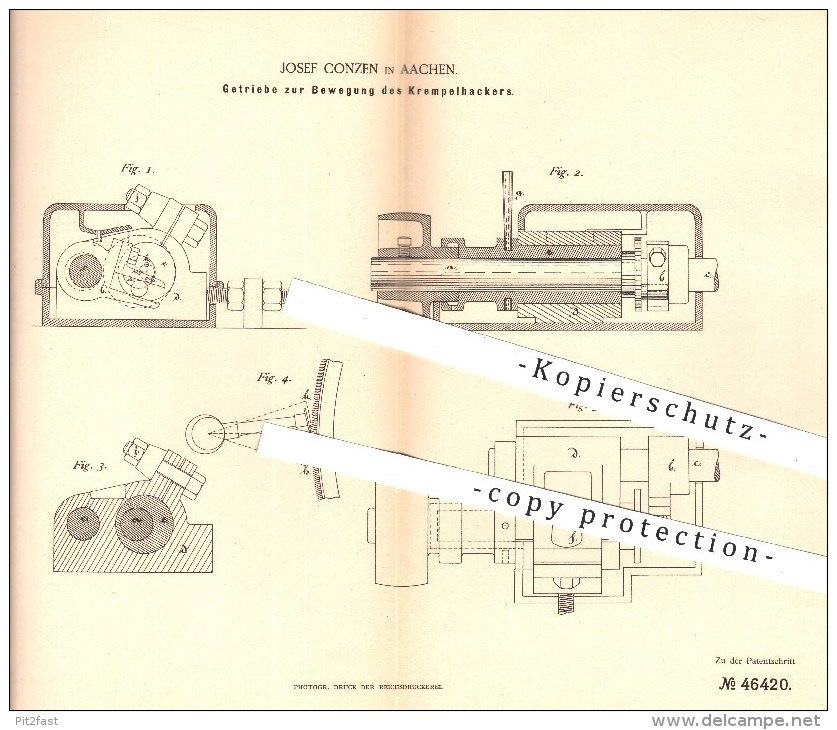 Original Patent - J. Conzen , Aachen , 1888 , Getriebe Zur Bewegung Des Krempelhackers , Spinnrad , Spinnerei , Spinnen - Historische Dokumente