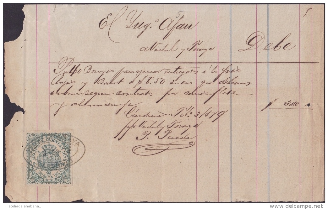 E4289 CUBA SPAIN ESPAÑA 1879. SUGAR MILLS INGENIO AFAN. RECIBOS Y CUENTAS REVENUE STAMP. - Historical Documents