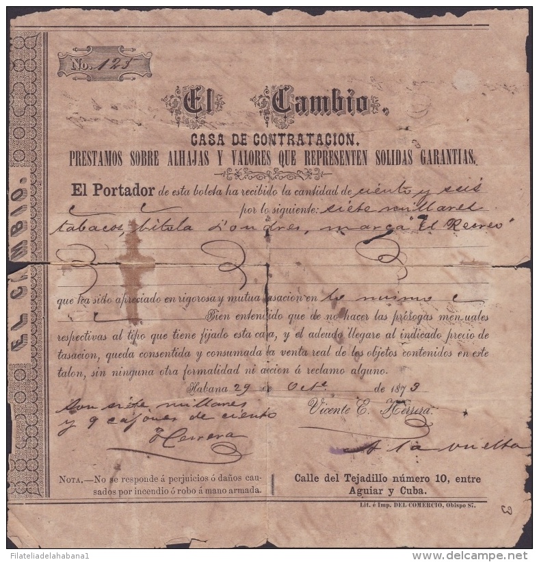 E4300 CUBA SPAIN ESPAÑA1873. OLD INVOICE PAWNSHOP EL CAMBIO. TOBACCO "EL RECREO". CASA DE EMPEÑOS TABACOS VITOLA LONDRES - Documentos Históricos