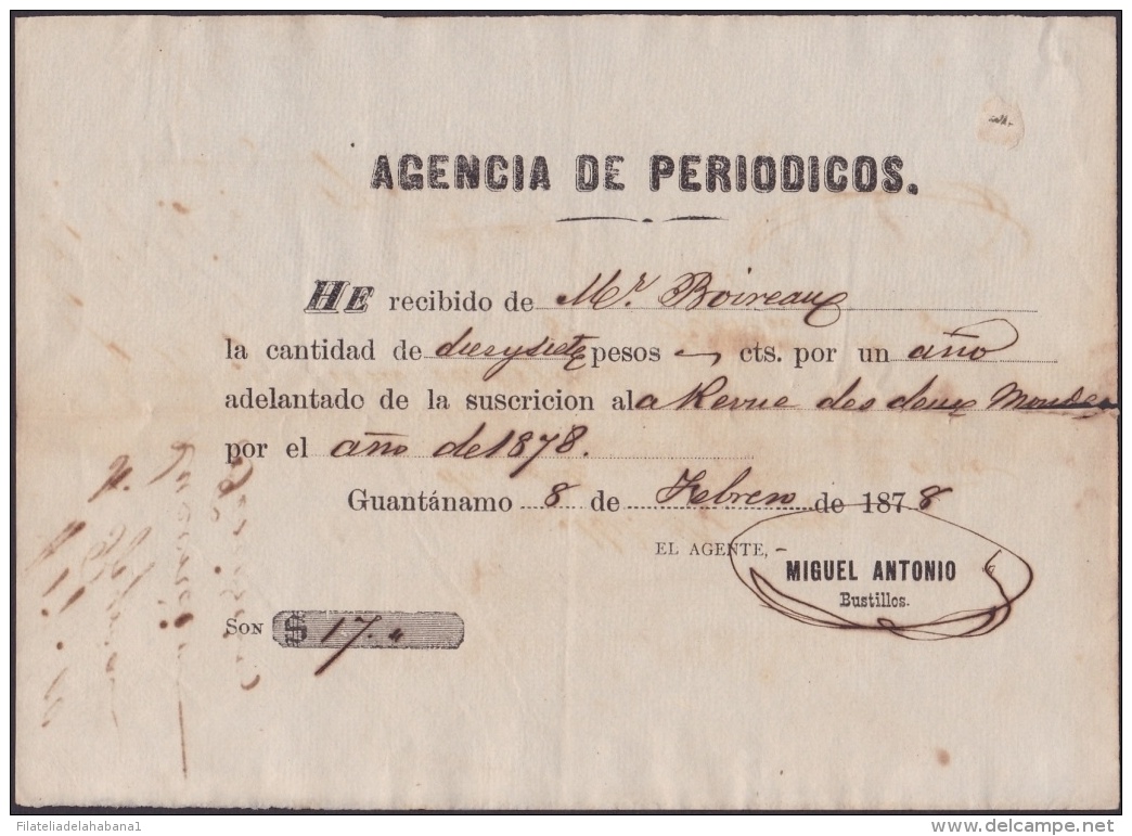 E4304 CUBA SPAIN ESPAÑA1878. OLD INVOICE NEWSPAPER REVUE DES DEUX MONDES. SUSCRIPCION. - Documentos Históricos