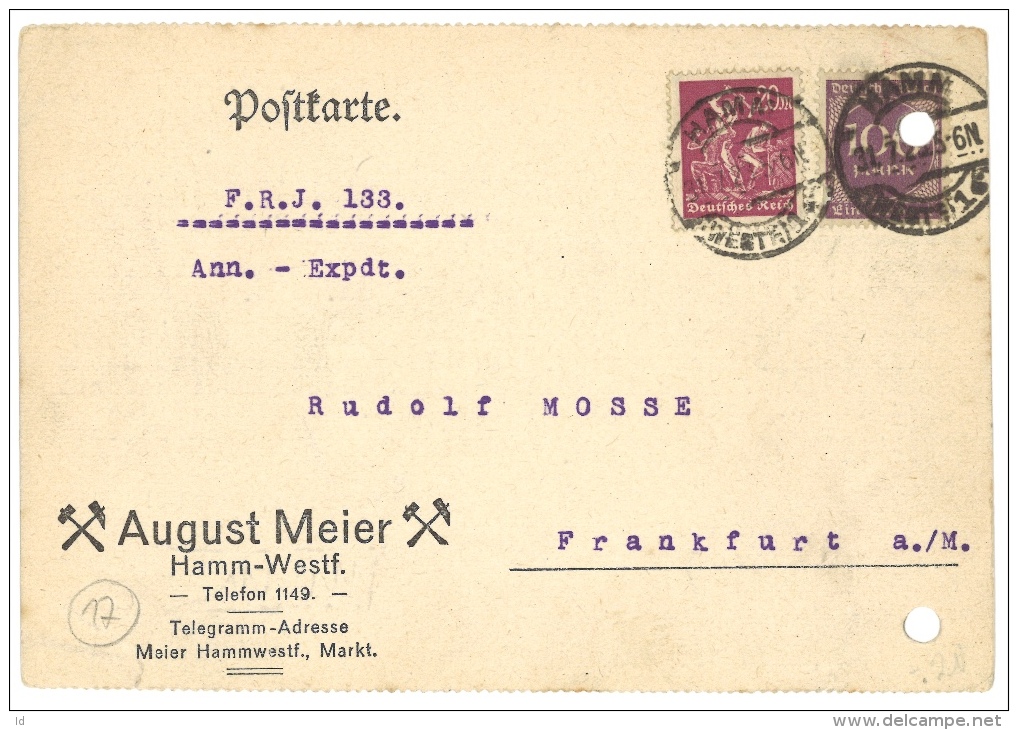 GERMANY 1923 CARD FROM HAMM TO FRANKFURT - Briefe U. Dokumente