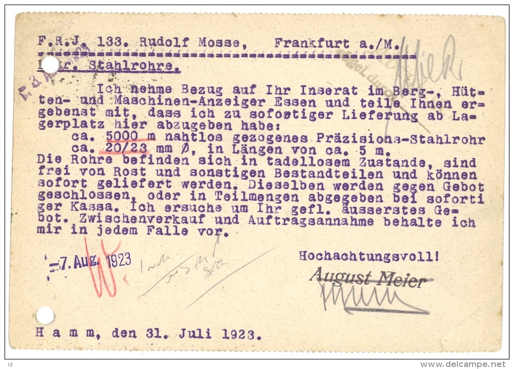 GERMANY 1923 CARD FROM HAMM TO FRANKFURT - Briefe U. Dokumente