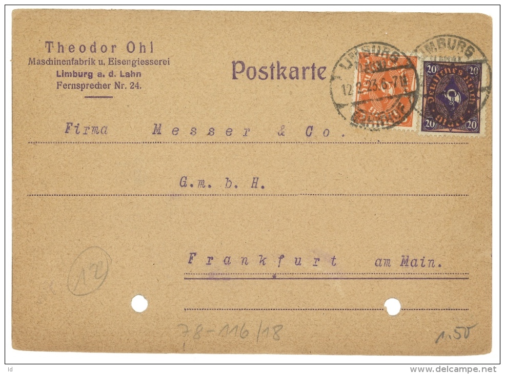 GERMANY 1923 CARD FROM LIMBURG TO FRANKFURT - Briefe U. Dokumente