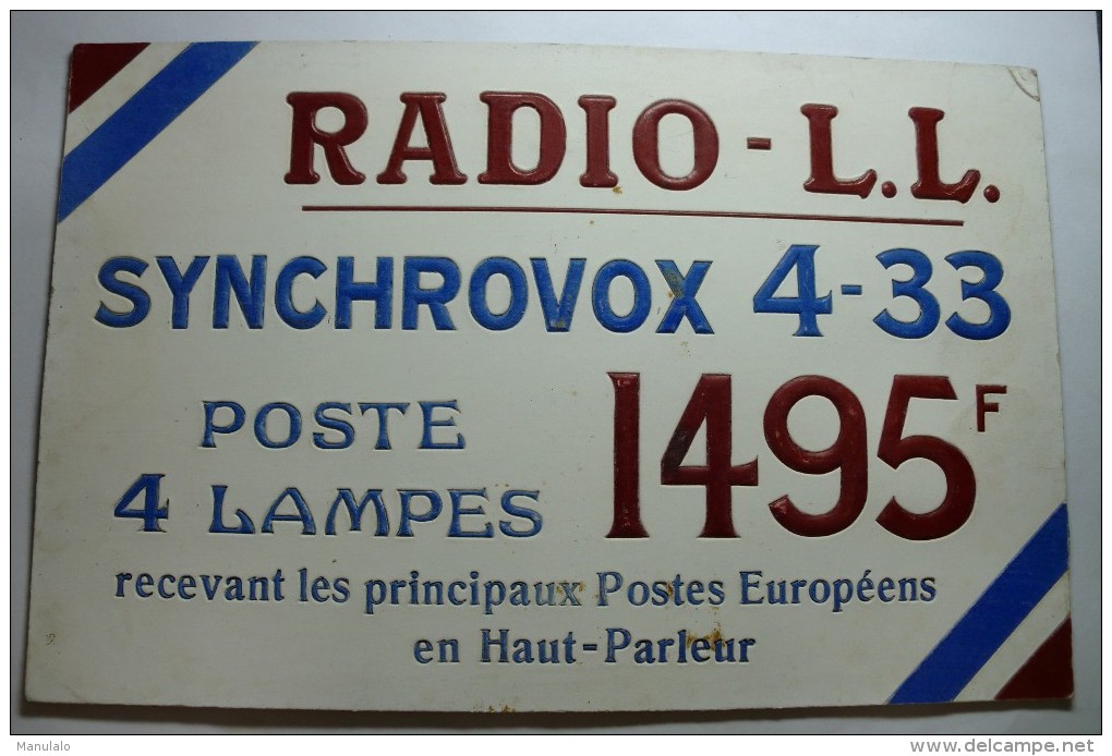 Plaque En Carton - Radio - L.L. - Synchrovox 4-33 - TSF - 4 Lampes 1495F - Paperboard Signs