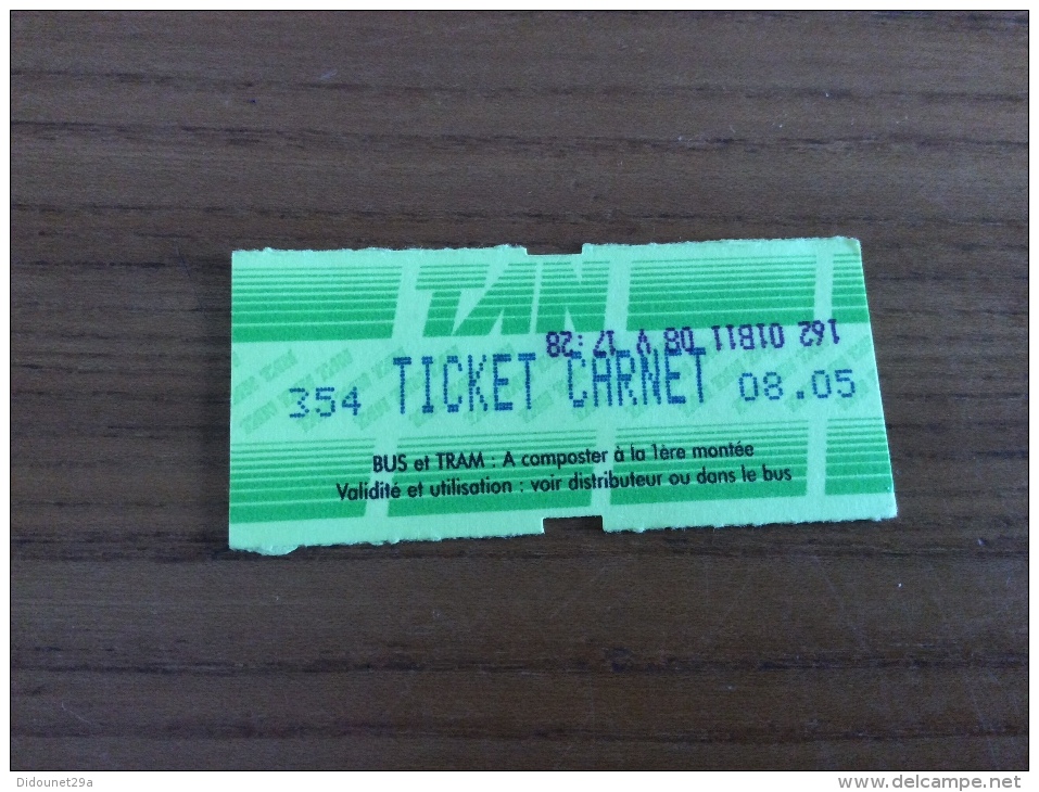 Ticket De Bus "tan - TICKET CARNET - NANTES(44) (vert Sur Jaune) - Europe