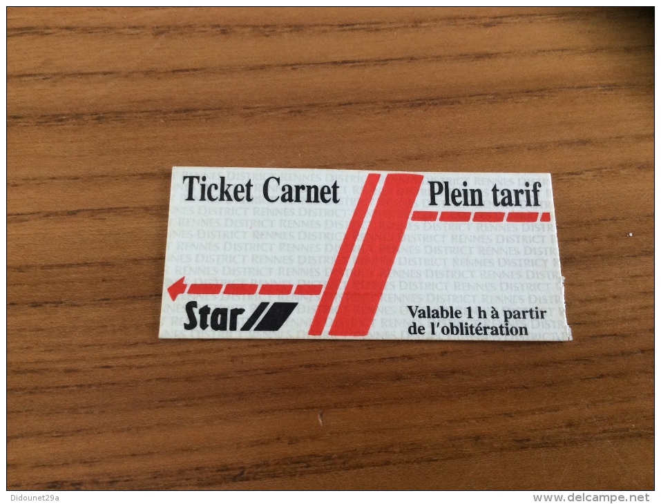 Ticket De Bus * Star "Ticket Carnet" Rennes (35) Type 2 "Plein Tarif" Neuf - Europe