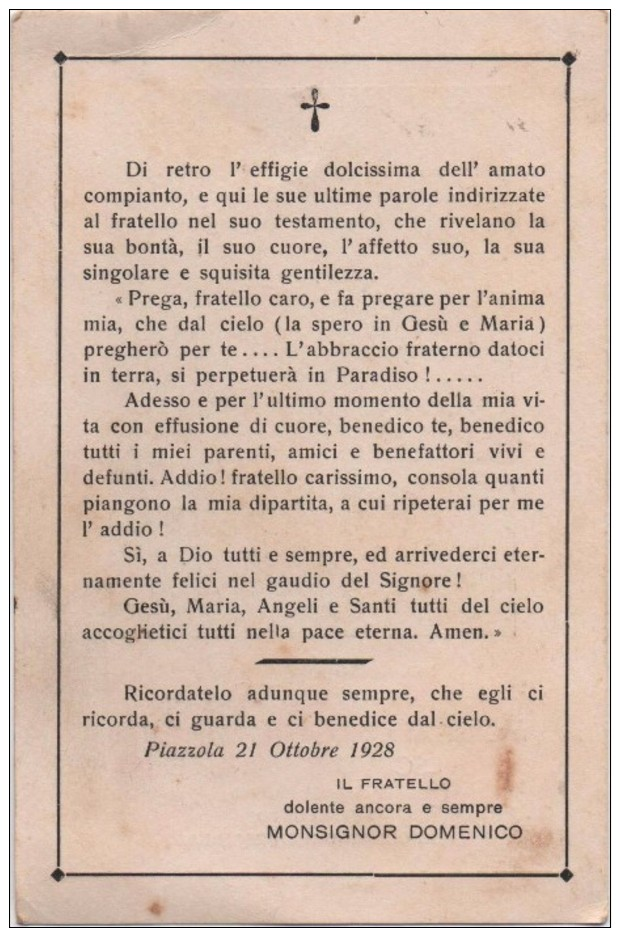 Santino In Memoria Di Mons. Apollonio Maggio, Vescovo Di Ascoli Piceno. Piazzola Sul Brenta (Padova) 21.10.1928 - Santini