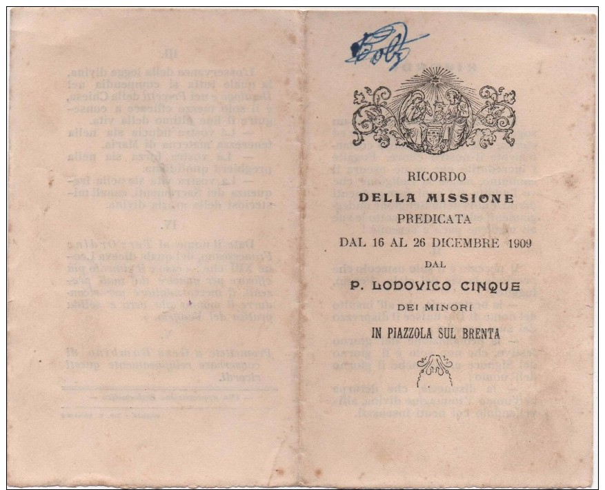 Santino In Ricordo Della Missione Predicata Dal 16 Al 26 Dicembre 1909 A Piazzola Sul Brenta (Padova) - Santini