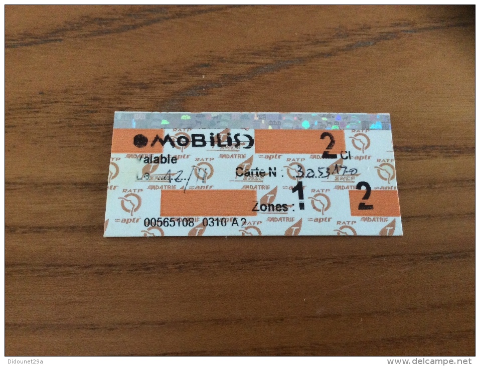 Ticket De Transport (métro, Bus, Train, Tramway) RATP Aptr ADATRIF PARIS(75) "MOBILIS Zones 1 2" - Europe