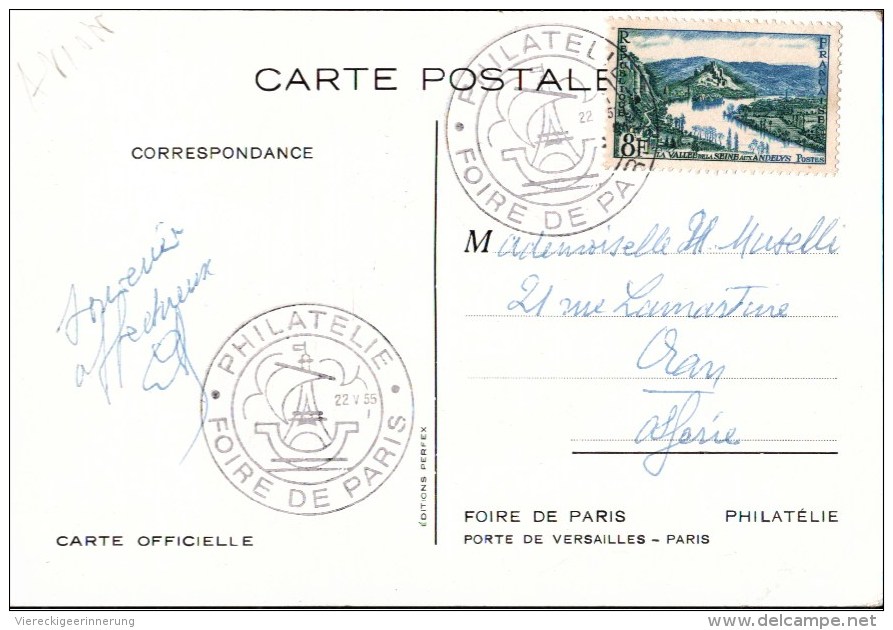 ! [75] 1955 Foire De Paris, To Oran, Salon International De La Philatelie, Werbekarte, Reklame, Philately, Sign. Bourgio - Exhibitions