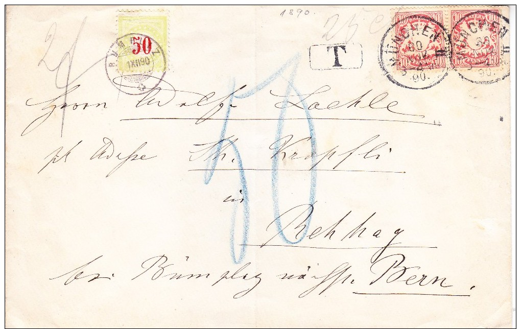 Switzerland 1890 50r Pale Green Postage Due On Large Cover From Munich - Portomarken