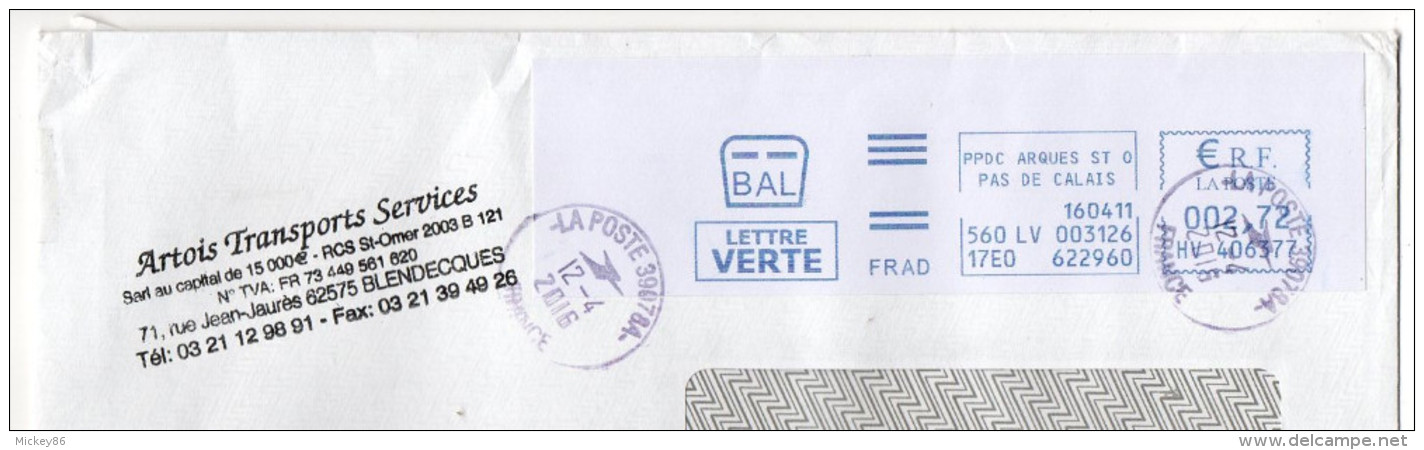 2016--EMA  62-BLENDECQUES--PPDC  Arques--BAL--FRAD--2.72€ Du 11+Cachet Rond La Poste 39078A Du 12 - EMA (Empreintes Machines à Affranchir)