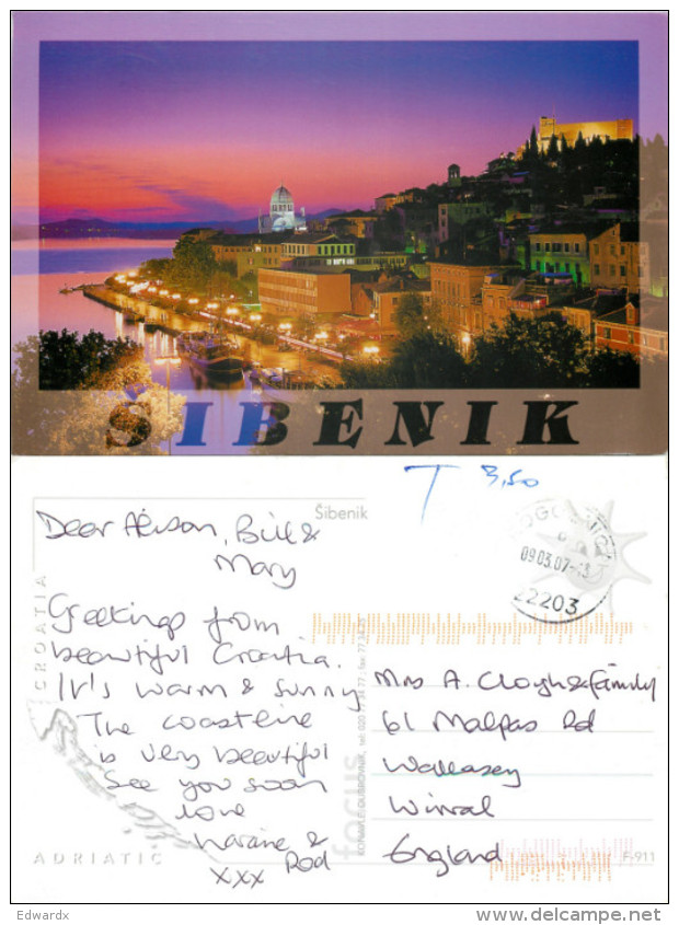 Sibenik, Croatia Postcard Posted 2007 No Stamp + Postage Due Markings - Croatia