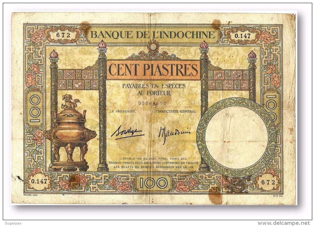 FRENCH INDO-CHINA - 100 PIASTRES - Sign. 9 ( 1936 - 39 ) - P 51.d - BIG SIZE ( 214 X 144 ) Mm - Banque De L´ Indochine - Indochina