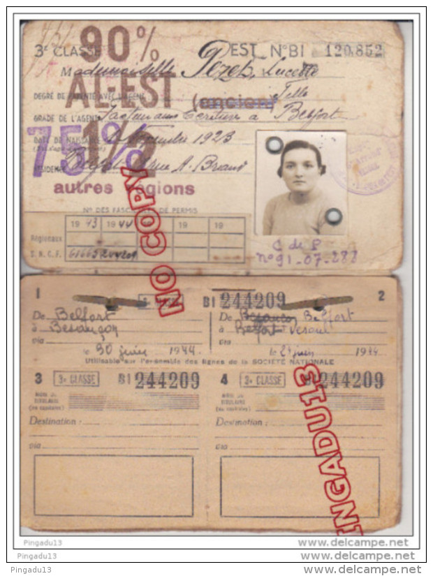 Au Plus Rapide Rare Carnet De Permis SNCF Région De L´Est 1943 1944 3 ème Classe - Chemin De Fer