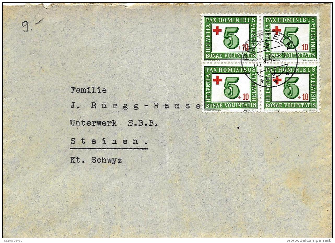27963 - Enveloppe Avec Bloc De 4 Timbres"PAX - Cachet à Date De Pratteln 1945 - Attention Très Léger Pli Vertical - Briefe U. Dokumente
