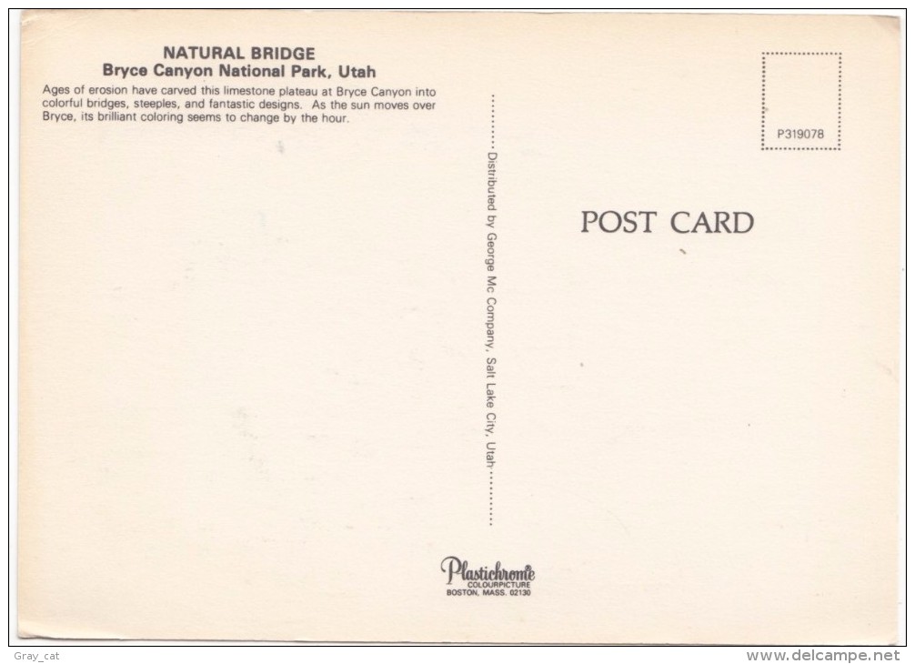 Natural Bridge, Bryce Canyon National Park, Utah, Unused Postcard [18864] - Bryce Canyon