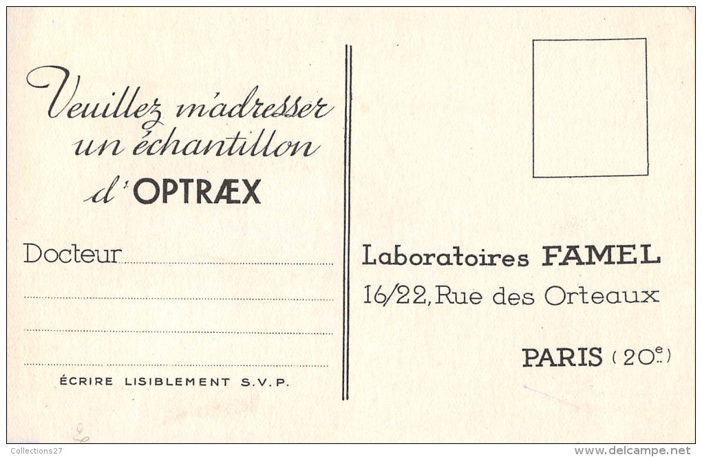 75-PARIS 20 - 16 /22 RUE DES ORTEAUX , CARTE BON ECHANTILLON PUBLICITAIRE , MEDICINALE,  PHARMACEUTIQUE - Arrondissement: 20