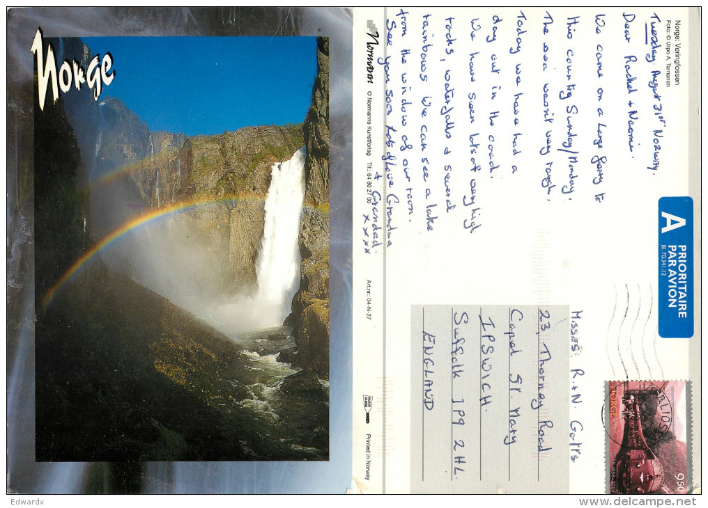 Waterfall, Voringfossen, Norway Postcard Posted 2004 Stamp - Norvegia